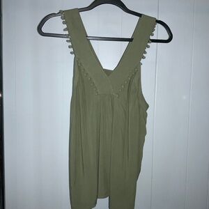 Loft olive green V neck sleeveless top Sz S Pom Pom trim
